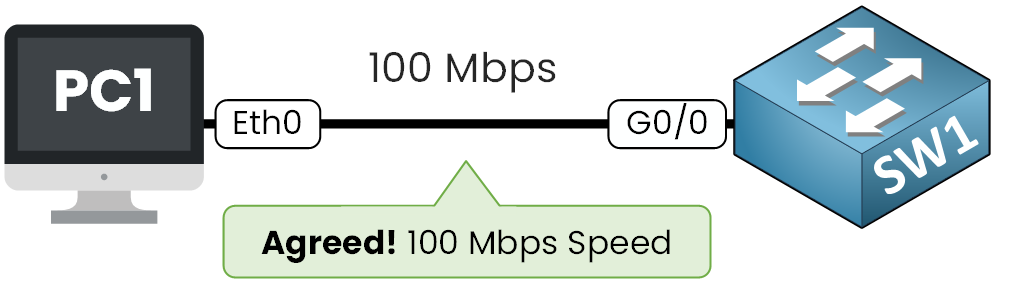 PC and switch agree on 100 Mbps speed