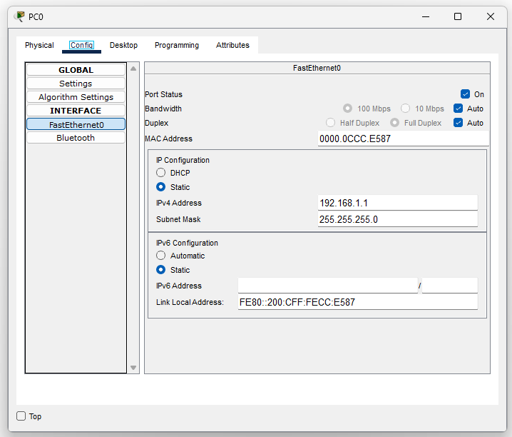 auto negotiation of speed and duplex in packet tracer