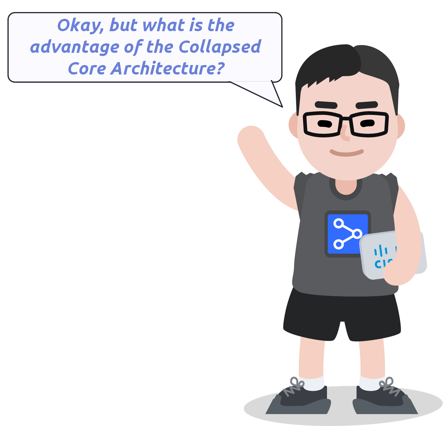 Cartoon character asking about the advantages of the Collapsed Core Cisco architecture