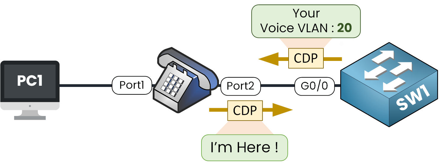 Voice VLAN Cisco diagram showing how a switch uses CDP to inform the IP phone to tag voice traffic with VLAN 20
