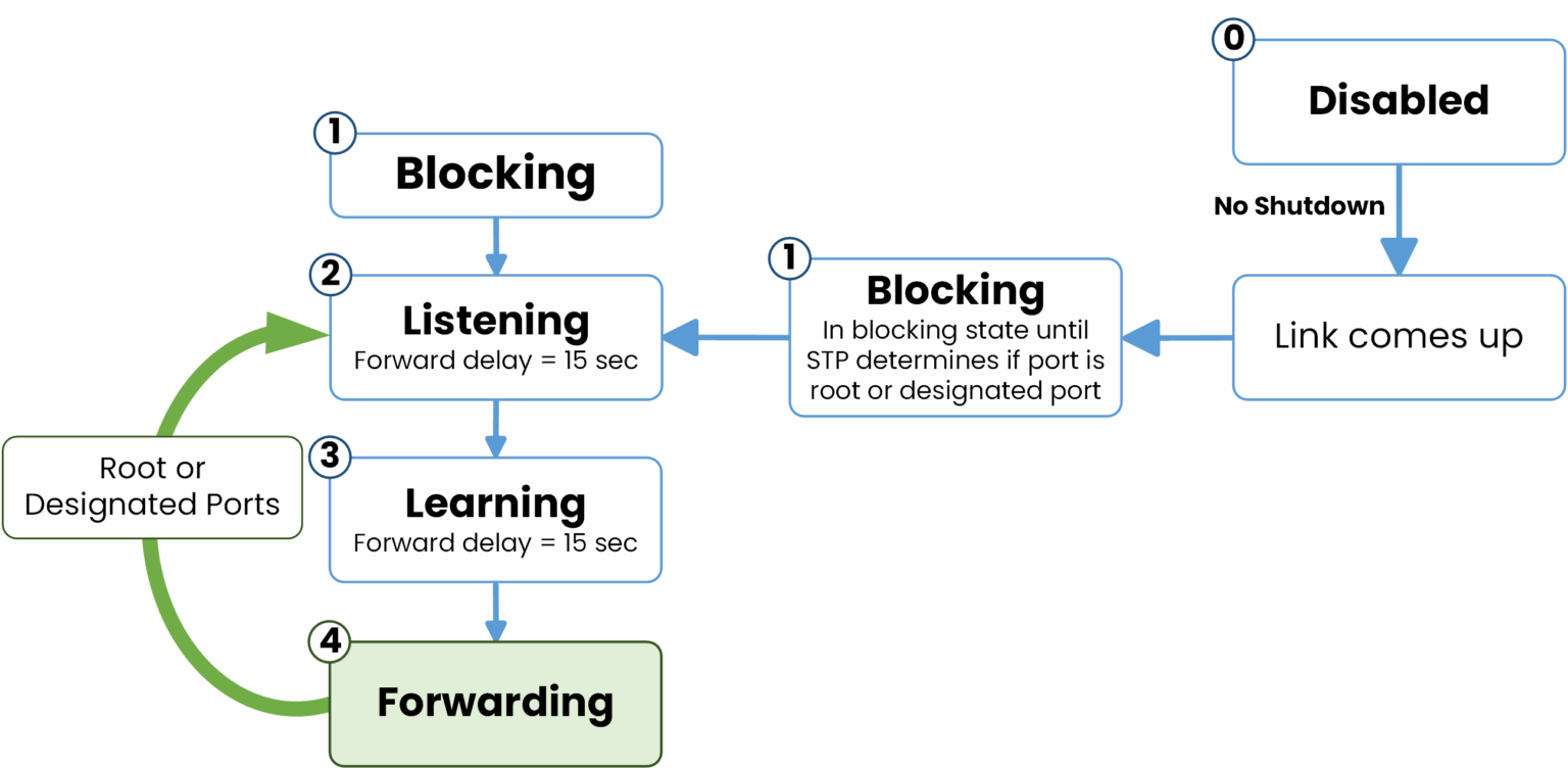 Spanning Tree Protocol diagram illustrating port state transitions from Blocking to Forwarding.