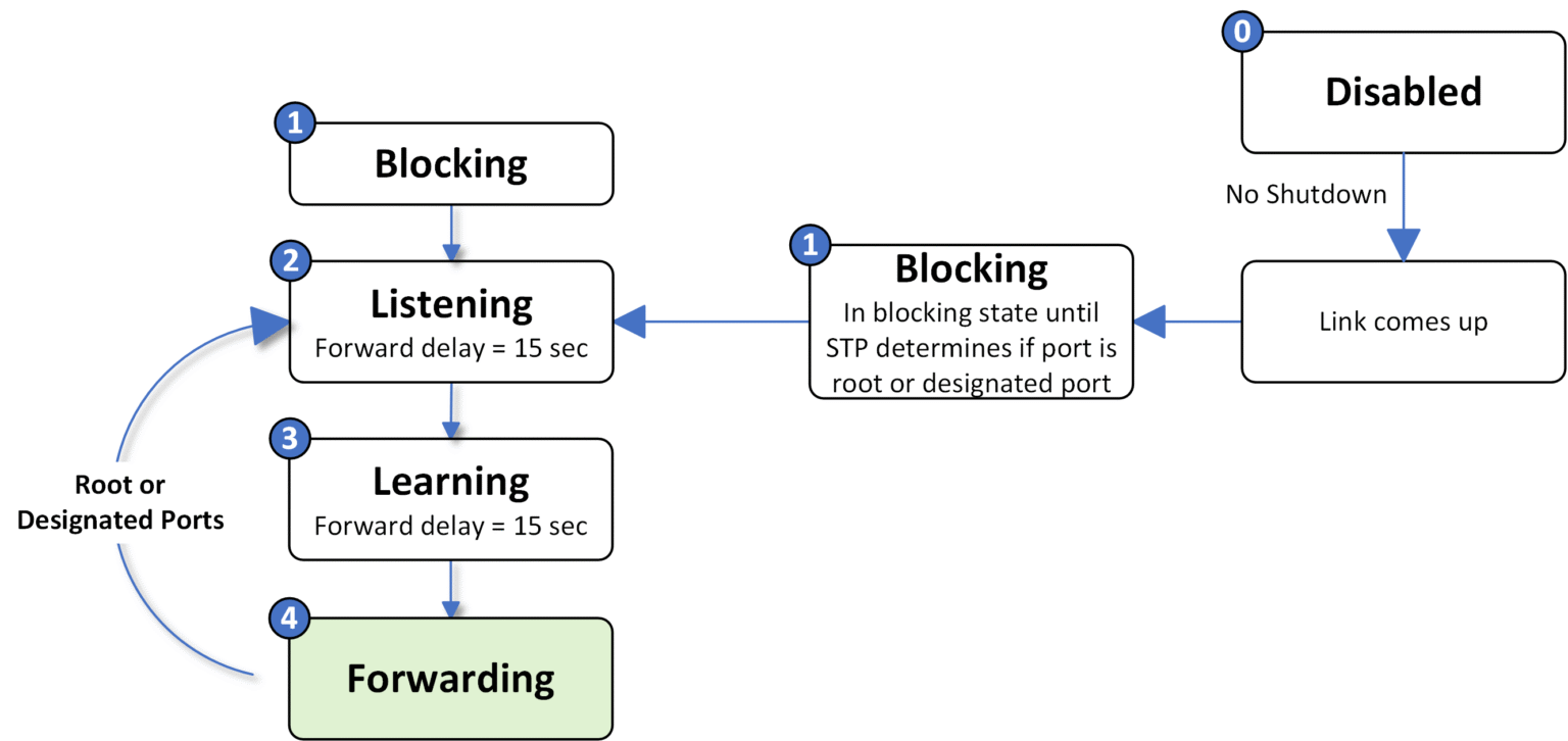 Spanning Tree Protocol diagram showing ports transitioning to the Forwarding State for traffic forwarding.