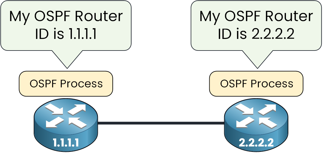 Diagram showing how each router in an OSPF network has a unique OSPF Router ID, with one router using 1.1.1.1 and the other 2.2.2.2.