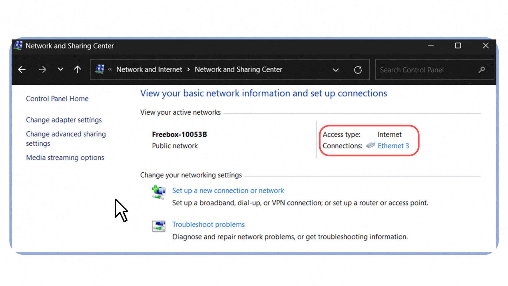 Animated walkthrough showing how to verify if the dynamic host configuration protocol is enabled on a Windows PC via the Network and Sharing Center using the Control Panel.