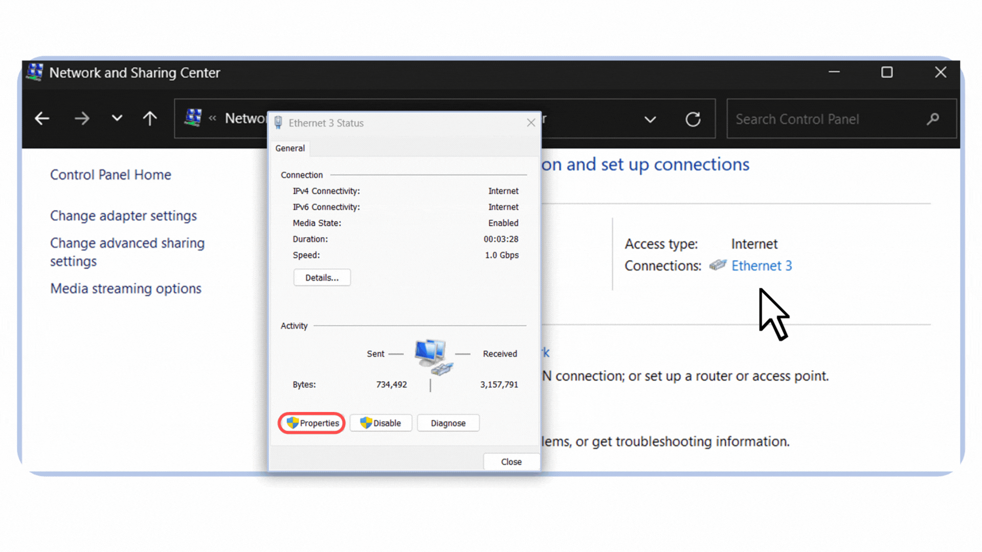 Screenshot showing how to access Ethernet status and open properties in Windows to verify dynamic host configuration protocol settings.
