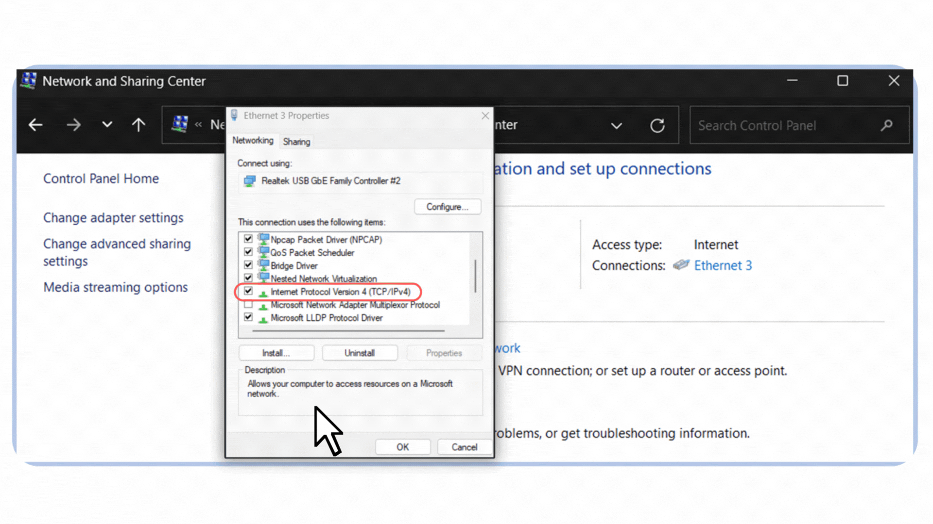 Windows screenshot highlighting Internet Protocol Version 4 (TCP/IPv4) selection to verify automatic IP and DNS settings configured via the dynamic host configuration protocol.