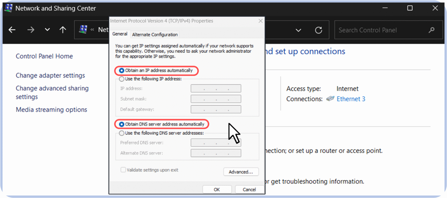 Screenshot of Windows IPv4 properties showing automatic IP and DNS assignment enabled by the dynamic host configuration protocol (DHCP).