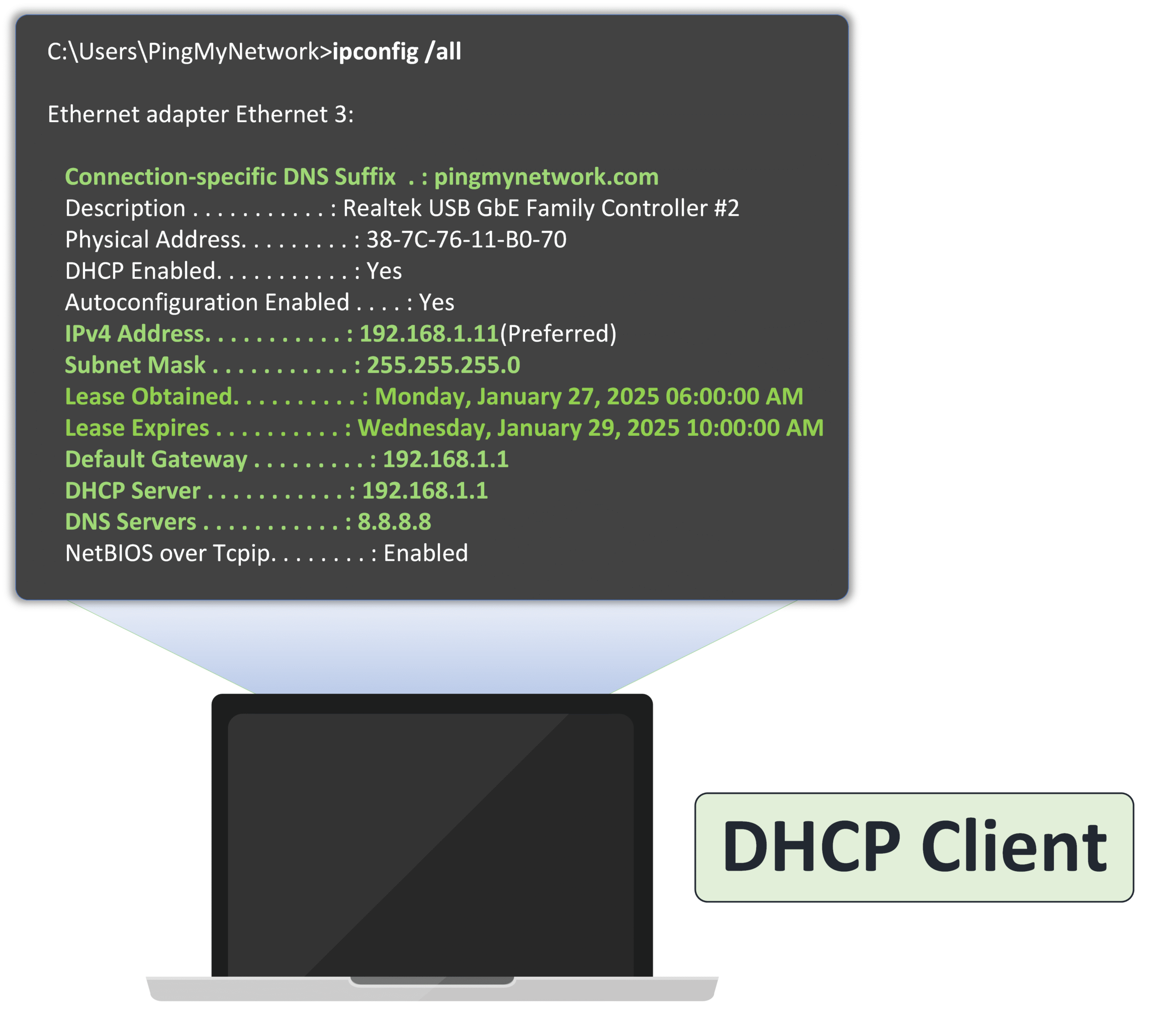 Client-side verification of dynamic host configuration protocol settings using ipconfig command showing assigned IP address, subnet mask, default gateway, DNS, and lease time.