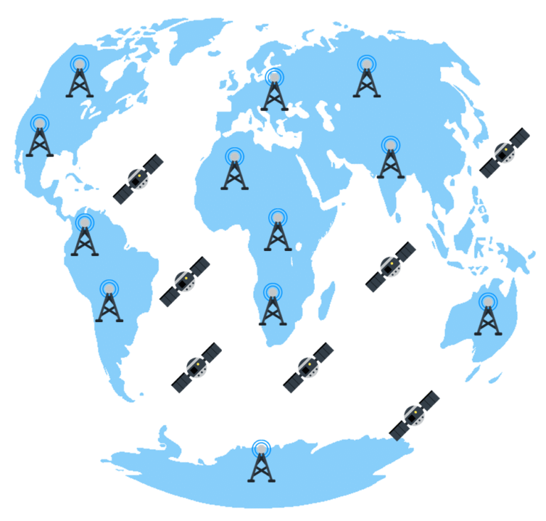Map showing Wireless Wide Area Network (WWAN) coverage with cellular towers and satellites for global internet access.