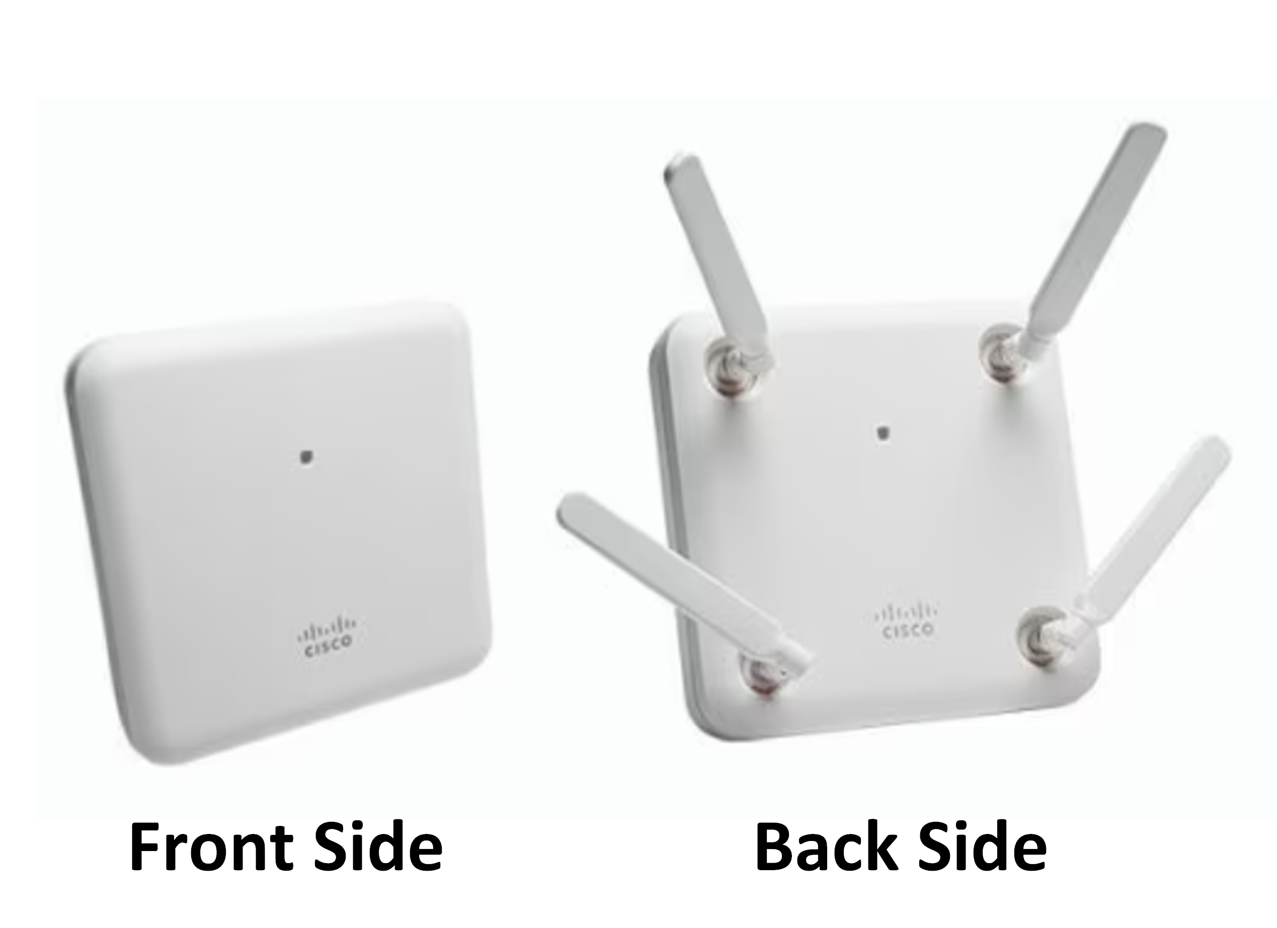 Front and back view of a wireless access point (AP) with antennas used to extend Wi-Fi network coverage in professional environments.