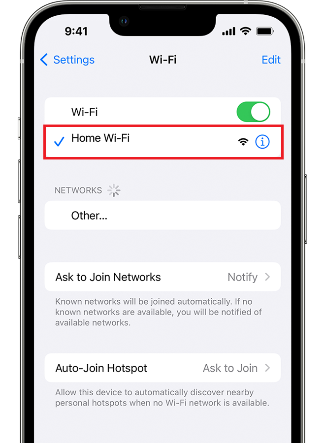 Smartphone screen showing Wi-Fi settings with 'Home Wi-Fi' network selected, illustrating an example of an SSID in an 802.11 service set.